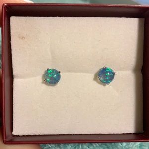 Silver Blue Opal Round Earrings